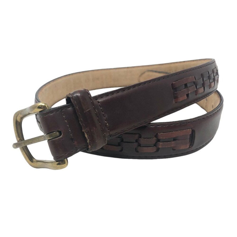 Mens Woven Design Dress Belt Brown Size 34 Genuine Bonded Leather Brass Buckle